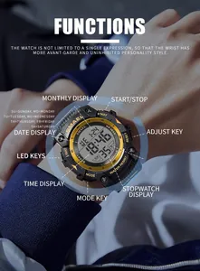 Detail view of SMAEL digital sports watch showing multiple functions and waterproof features