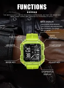 Détail de la montre de sport numérique SMAEL vert néon avec fonctions clés