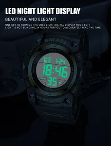 Close-up of SMAEL digital sports watch featuring vibrant green LED night light display