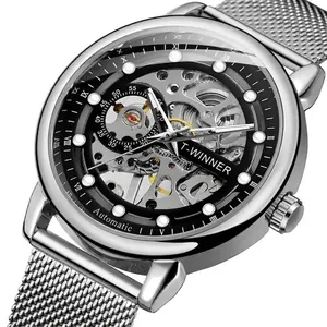 T-Winner men's skeleton mechanical watch with silver mesh band and waterproof design