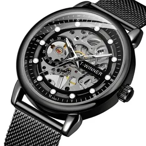 T-WINNER men's skeleton manual mechanical watch with black mesh strap and Roman numerals