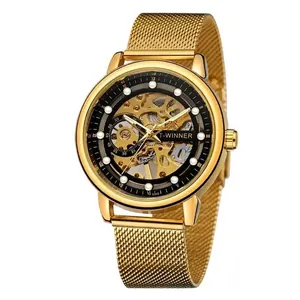 Gold-tone T-Winner men's luxury skeleton dial manual mechanical watch with mesh strap