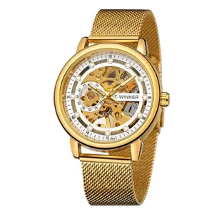 Luxury gold men's manual mechanical skeleton watch featuring a stainless steel mesh strap