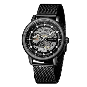 T-Winner men's luxury black skeleton mechanical watch with stylish mesh stainless steel strap