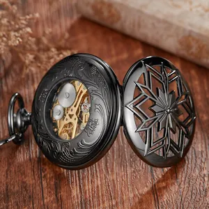 Détail d'une montre à gousset mécanique noire avec couvercle ajouré en losange