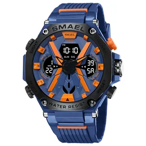 SMAEL professional men's sports dual display watch with blue resin strap and orange accents