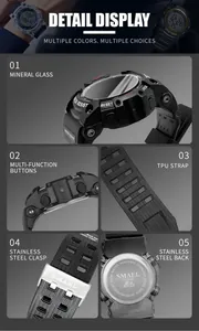 Detailed view of SMAEL outdoor sports watch featuring TPU strap and mineral glass