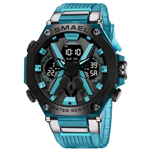 SMAEL men's waterproof sports quartz watch with dual digital display and teal rubber strap
