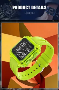 Vue détaillée de la montre de sport numérique carrée SMAEL vert citron transparente