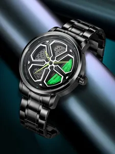 Vista dettagliata dell'orologio al quarzo da uomo in acciaio nero con quadrante a ruota