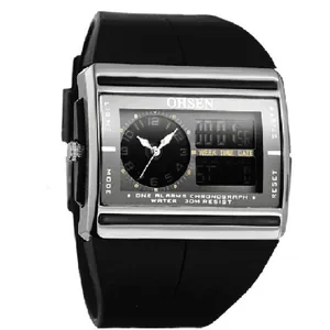 OHSEN men's dual display sports watch with black rubber strap and square silver case