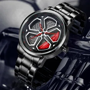 Orologio al Quarzo da Uomo Quadrante Girevole Design Mozzo Ruota Auto Cinturino in Acciaio Inossidabile Sportivo