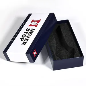 Scatola regalo per orologi marchio Never Stop Watches blu navy e bianca con inserto protettivo