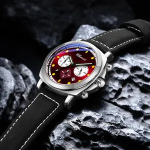 Chenxi Herren-Chronograph Quarzuhr mit rotem Zifferblatt, Leuchtzeigern und Datum