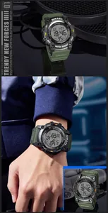 Macro and lifestyle view of SMAEL waterproof digital sports watch with green strap