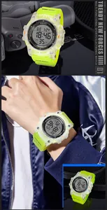 SMAEL digital sports watch with neon green strap and multi-functional waterproof display