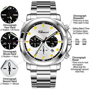 Herren Chronograph aus silbernem Edelstahl mit weißem Zifferblatt und Leuchtindexen.