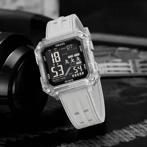 Montre de sport numérique carrée SMAEL avec boîtier transparent et bracelet blanc