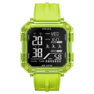 Montre de sport numérique SMAEL carrée unisexe vert citron transparent, étanche 50 mètres