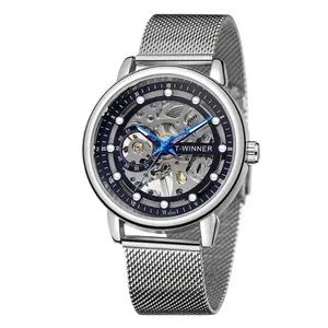 T-Winner men's luxury skeleton mechanical watch with silver stainless steel mesh strap