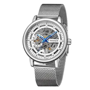 Silver T-Winner men's luxury skeleton manual mechanical watch with stainless mesh strap