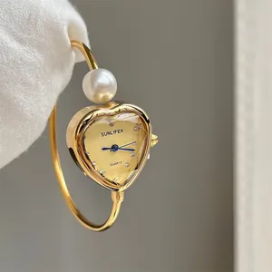 Women Elegant Heart Shaped Bangle Bracelet Watch Stainless Steel Alloy Artificial Pearl Rhinestone Quartz Wristwatch Jewelry Gift