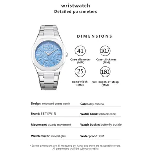 Spécifications techniques détaillées et dimensions pour montre à quartz homme cadran embossé