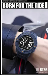 Detailed view of SMAEL men's sports digital watch with LED display and blue strap.