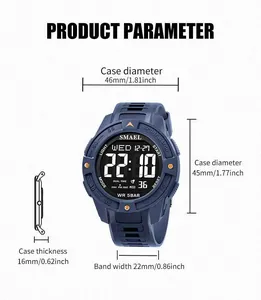 Detailed dimension parameters of SMAEL blue men's sport digital watch with LED display