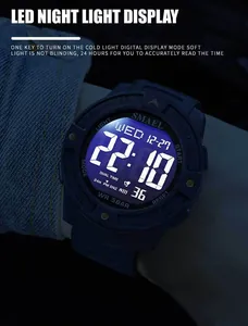 Close-up view of SMAEL men's sports digital watch with blue LED night light display