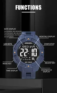 Detail view of SMAEL men's sports watch showing functional display and button layout.