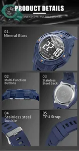 Detail view of SMAEL men's digital sports watch with mineral glass and blue TPU strap.