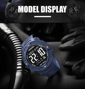 Detailed macro view of a blue SMAEL digital sports watch with 5BAR water resistance