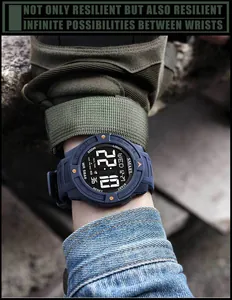 Detailed macro view of SMAEL blue digital sports watch worn on wrist with clear LED display