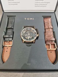TOMI Herrenuhr-Set mit hohlem Zifferblatt, Lederarmbänder in Schwarz und Braun