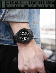 Detailed macro view of the SMAEL black waterproof digital sports watch on wrist