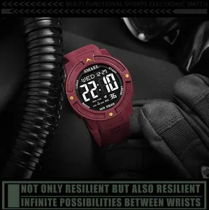 Close-up of SMAEL men's digital sports watch with LED backlight and red strap