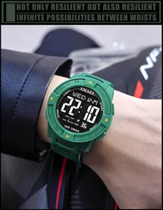 Detail view of SMAEL green digital sports watch with LED display on a man's wrist.