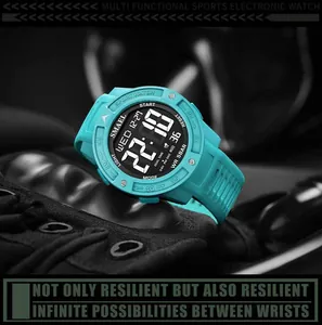 Detailed view of SMAEL men's digital sports watch with teal casing and green LED display.