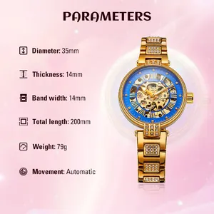 Detailansicht der luxuriösen FORSINING Automatik-Damenuhr mit Produktparametern.