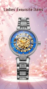 Elegante Skelett-Automatikuhr für Damen mit blauem Zifferblatt und glänzenden Kristallen