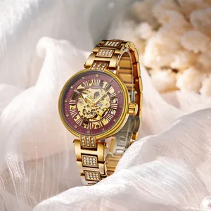 FORSINING Damen Luxus Skelett Automatik Mechanische Uhr Strass Wasserdicht Edelstahl Mode Armbanduhr