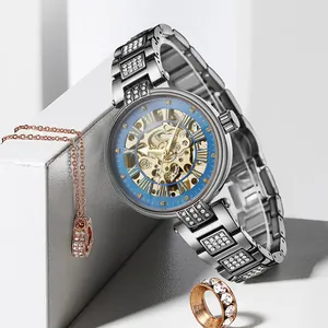 FORSINING Skelett-Mechanikuhr für Damen mit silbernem Strassband und blauem Zifferblatt