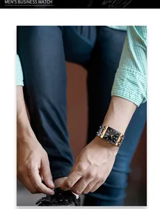 Elegante Nahaufnahme der rechteckigen WWOOR 8858 Herren-Business-Uhr in Schwarzgold.