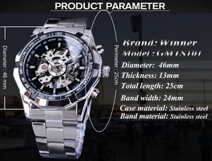 Detailansicht der Forsining Skelett-Mechanikuhr mit 46mm Edelstahlgehäuse-Parametern.