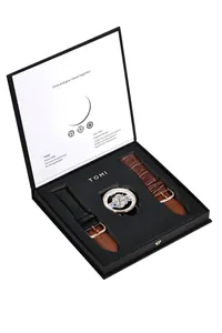 TOMI Quarzuhren-Set mit hohlem Zifferblatt und Lederarmbändern in einer luxuriösen Box