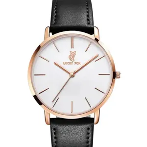 Elegante LUCKY FOX Quarzuhr mit schwarzem Lederarmband und minimalistischem Fuchszifferblatt