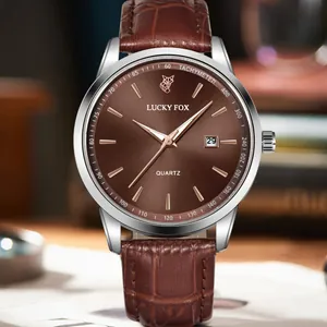 Elegante orologio al quarzo da uomo LUCKY FOX con cinturino in pelle marrone e data