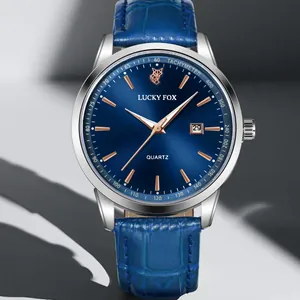 Orologio al quarzo da uomo impermeabile con quadrante blu e cinturino in pelle blu.