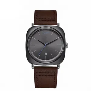 TOMI Quadratische Herren-Businessuhr mit braunem Lederarmband und grauem Zifferblatt